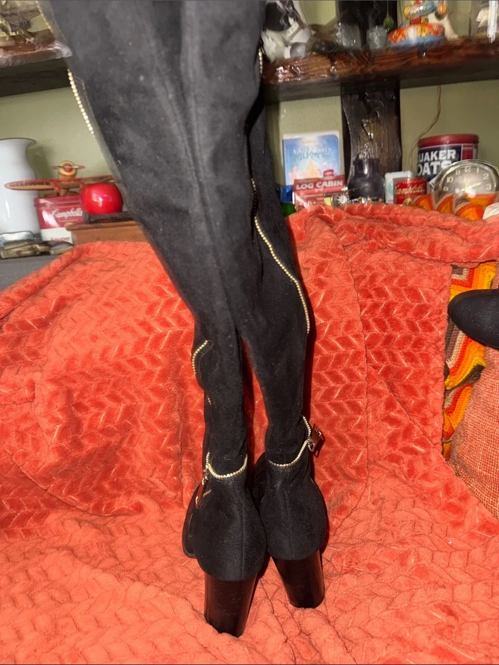 Forever Black Suede Over-The-Knee Boots | Gold Zipper Accent & Block Heel (Size